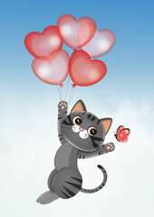 illustration of funny cat hanging on heart shaped balloons