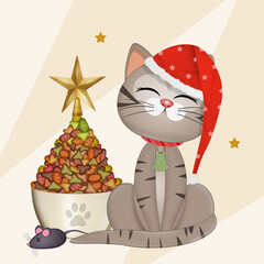 illustration of funny cat with croquettes christmas tree
