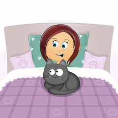 little girl sleeps in bed with kitten