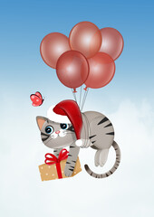 illustration of funny cat hanging with christmas presents