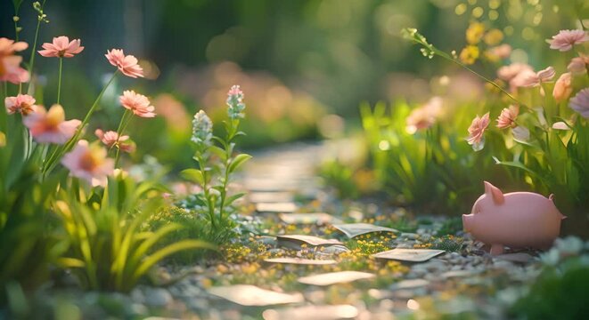 A 3D perspective of various currency notes paths, illustrate style, leading to a piggy bank, on a blurred garden path