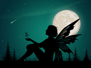 illustration of fairy in the moonlight