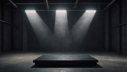 Dark podium on concrete floor in smoky room.