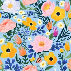 Colorful botanical illustration featuring a variety of flowers and leaves against a sky-blue backdrop.