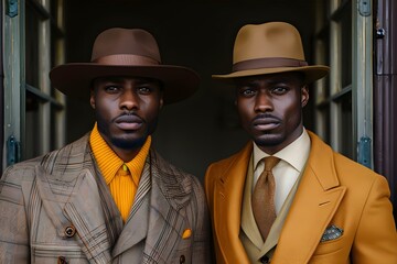 Stylish African American male models showcasing hats and suits in a photoshoot. Concept Fashion Photoshoot, Stylish Models, African American, Hats, Suits