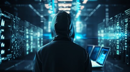 "Shadowed Figure in Hoodie Launching Cyberattack, a man with a hood: A Glimpse into Digital Vulnerabilities and Cybersecurity