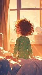 A toddler in pajamas early in the morning in his room, illustration