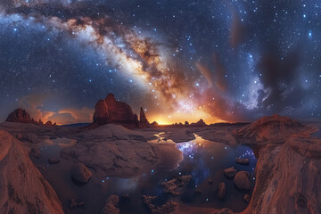 milky way galaxy over serene desert landscape with reflective water pools at night