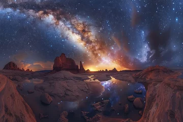 Fototapeten milky way galaxy over serene desert landscape with reflective water pools at night © Belho Med