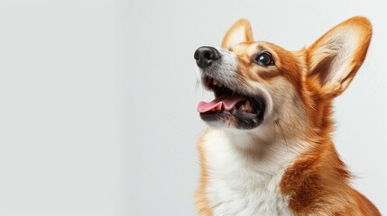 close up portrait of a dog, corgi, looking upward with its tongue out, banner with copy space