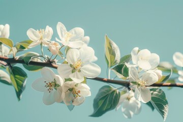 Apple tree flowers in full bloom, with green leaves and blue background