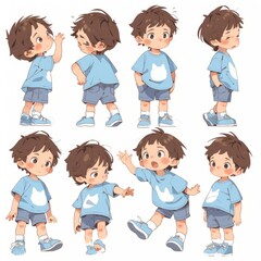 Character illustration of a young boy in different poses on a white background
