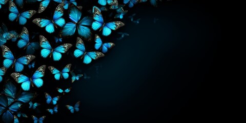 A swarm of blue butterflies on a dark background with ample copy space