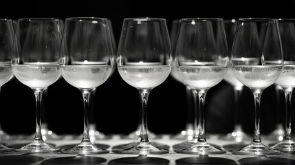 Black and white photograph of empty glasses in a restaurant