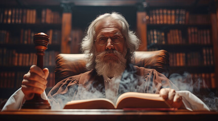 Serious elderly judge with gavel in hand, sitting in a classic library with books, surrounded by a mysterious smoky atmosphere, symbolizing wisdom and justice. - obrazy, fototapety, plakaty