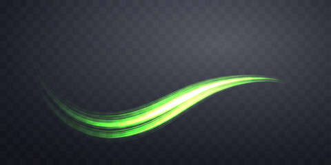 Glowing green lines. Neon realistic energy speed. Abstract light effect on a dark transparent background. Vector illustration.