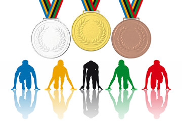 Immagine 3D. Atleti, in posizione di partenza alla competizione, con sullo sfondo le tre medaglie olimpiche per il podio : oro, argento, bronzo..