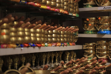 Singing bowls for tourist in souvenir shop. Tourism is the main economic sources in Nepal. - 780712566