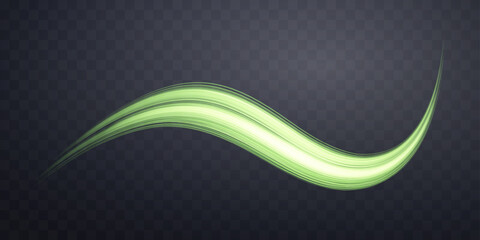 Glowing green lines. Neon realistic energy speed. Abstract light effect on a dark transparent background. Vector illustration.
