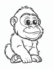 A cute baby monkey with a big smile on its face. The monkey is sitting on its hind legs and looking at the camera. Coloring page for kid