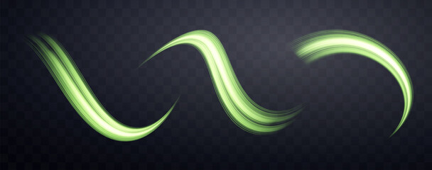 Glowing green lines set. Neon realistic energy speed. Abstract light effect on a dark transparent background. Vector illustration.