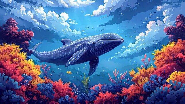 Majestic Whale Swimming in a Vibrant Coral Reef