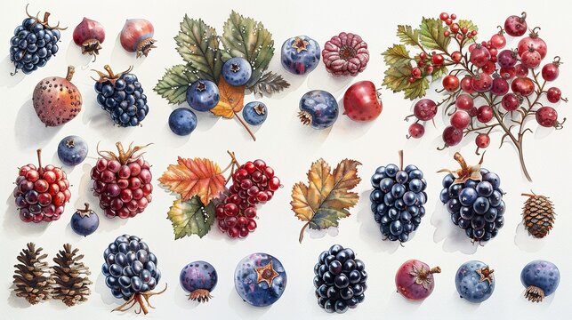 Autumn Harvest Watercolor Illustration of Berries and Leaves