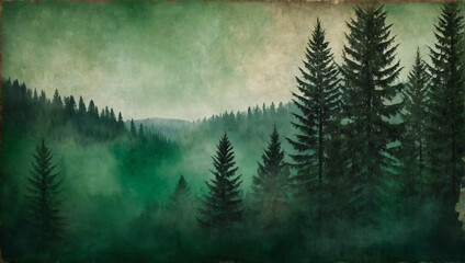 Emerald green canvas with distressed grunge texture, watercolor-painted emerald tones on a cloudy forest green banner, reminiscent of aged parchment with nature's touch.