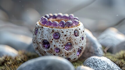 hyperrealistic photo of A captivating ring with purple gemstones beautifully presented in a speckled eggshell, symbolizing the precious emergence of luxury,Abstract minimalism