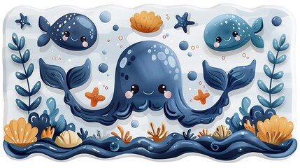 Naklejka premium Cute Cartoon Whales and Underwater Marine Life