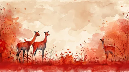 Fotobehang Ethereal Watercolor Deer Family in a Dreamy Forest © andriyyavor