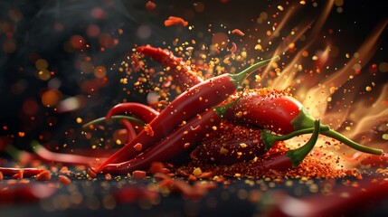 hyperrealistic photo of The spicy chilies are swirling together twisting into a fiery explosion on a dark black background,high quality shot - obrazy, fototapety, plakaty
