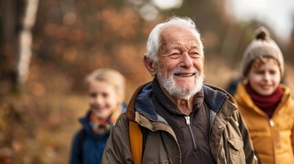 Joyful Senior Man with Grandchildren Enjoying Autumn Walk - obrazy, fototapety, plakaty