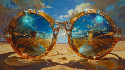 Photorealism of Glasses that reflect a large sand clock and are studded with beautiful diamonds,Folk art storytelling - obrazy, fototapety, plakaty