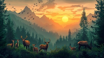 Majestic Wildlife at Sunrise in Picturesque Mountains