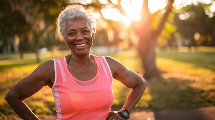 Joyful Active Senior Woman Exercising in Park at Sunset