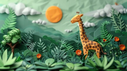 Fototapeta premium Paper Craft Giraffe in a Stylized Green Landscape