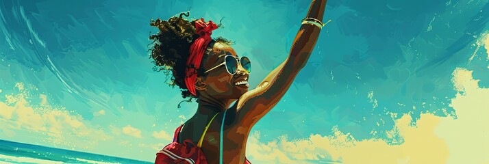 Illustration of a happy African American girl taking a selfie against the sea background, banner