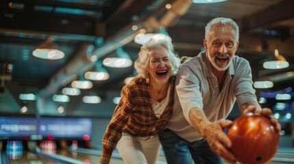Happy Senior Couple Laughing and Bowling Together