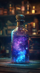 Obraz na płótnie Canvas Magical Potion, Glowing bottle, Enigmatic allure, Secret alchemy laboratory, Sound of bubbling cauldron, Realistic, Silhouette Lighting, Chromatic Aberration