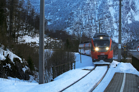 hallstatt /austria - Feburby 5 2019: The Austrian Federal Railway or obb train is the main train system in austria	
