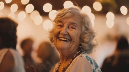 Fototapeta premium Glowing Senior Woman with a Joyful Smile at a Festive Gathering
