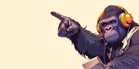 Stylish pop star gorilla wearing headphones points to a space for text with his finger, large copy space, isolated on colorful background.