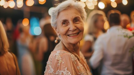  Elegant Elderly Lady with a Graceful Smile at a Social Event - obrazy, fototapety, plakaty
