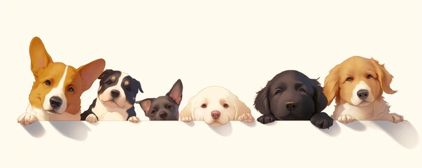Illustration of group of cute dog puppies looking or peeking over vintage white banner looking down. isolated on white background