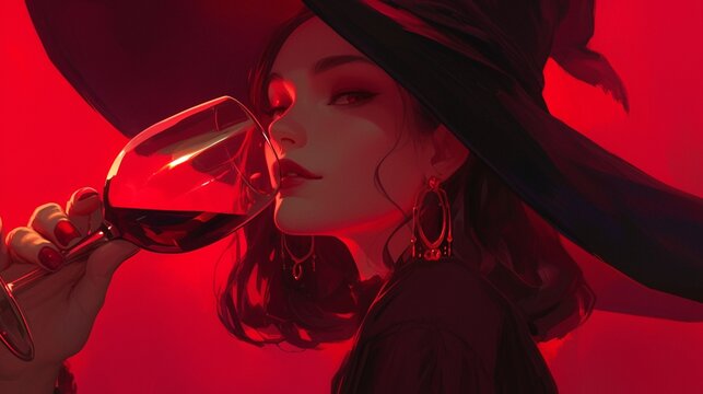 Boring witch enjoying her life with a glass of wine, illustration of a beautiful young witch wizard drinking wine, concept of Halloween party poster, daily life of magic girl.