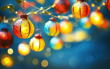 Festive Holiday Lights: Colorful Christmas Ornaments Hanging with Bokeh Background