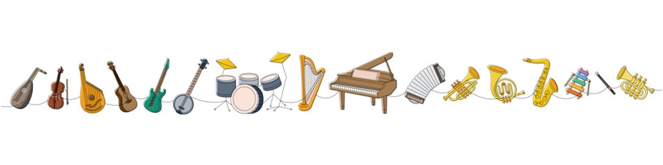 Set of musical instruments. Lute, violin, bandura, acoustic guitar, electric bass guitar, american banjo, drum kit, lyre, wooden harp, grand piano. - 780714926