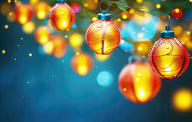 Festive Holiday Lights: Colorful Christmas Ornaments Hanging with Bokeh Background