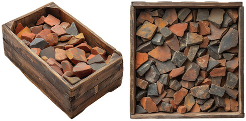 A wooden crate filled with terracotta shards